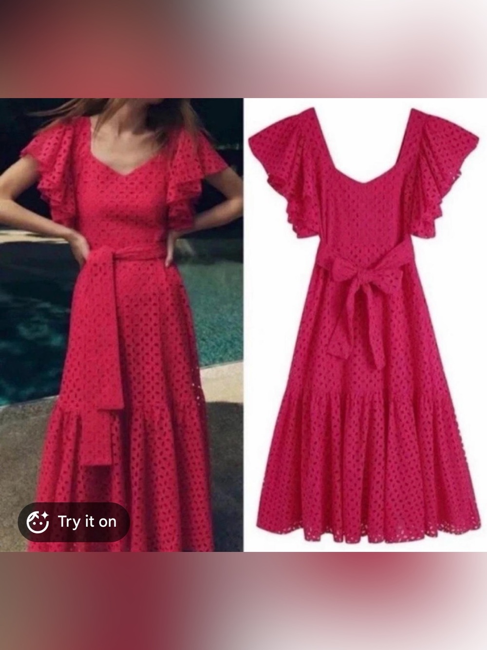Zara Pink Eyelet Midi Dress with Tie Waist